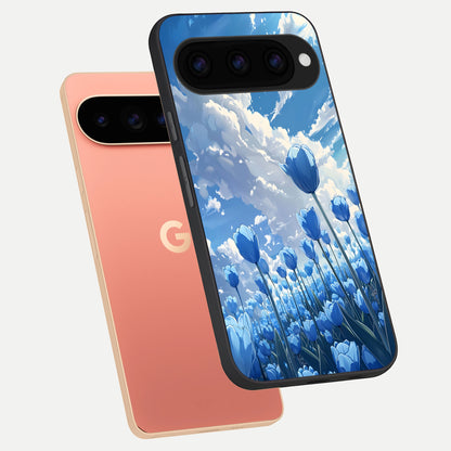  Blue Tulip Clouds phone case For Google Pixel 11 Pro XL showing premium glass back cover with detailed artwork