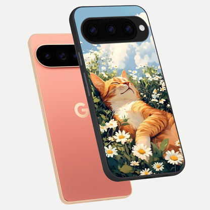  Cat And Flowers View phone case For Google Pixel 11 Pro XL showing premium glass back cover with detailed artwork