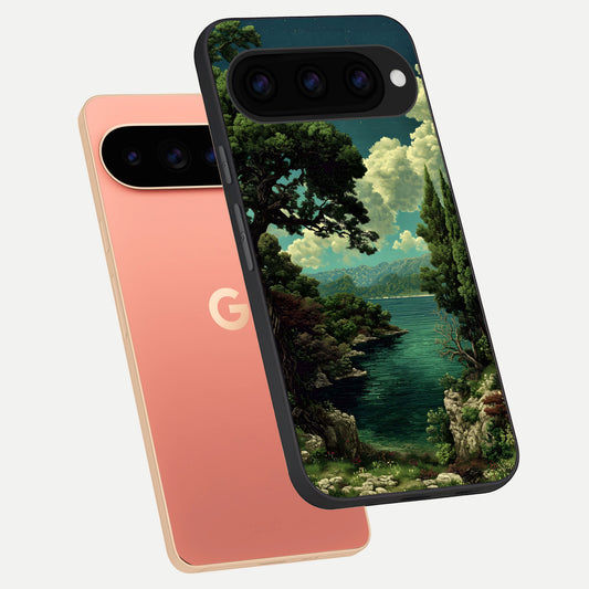  Celestial Lake Peace phone case For Google Pixel 11 Pro XL showing premium glass back cover with detailed artwork
