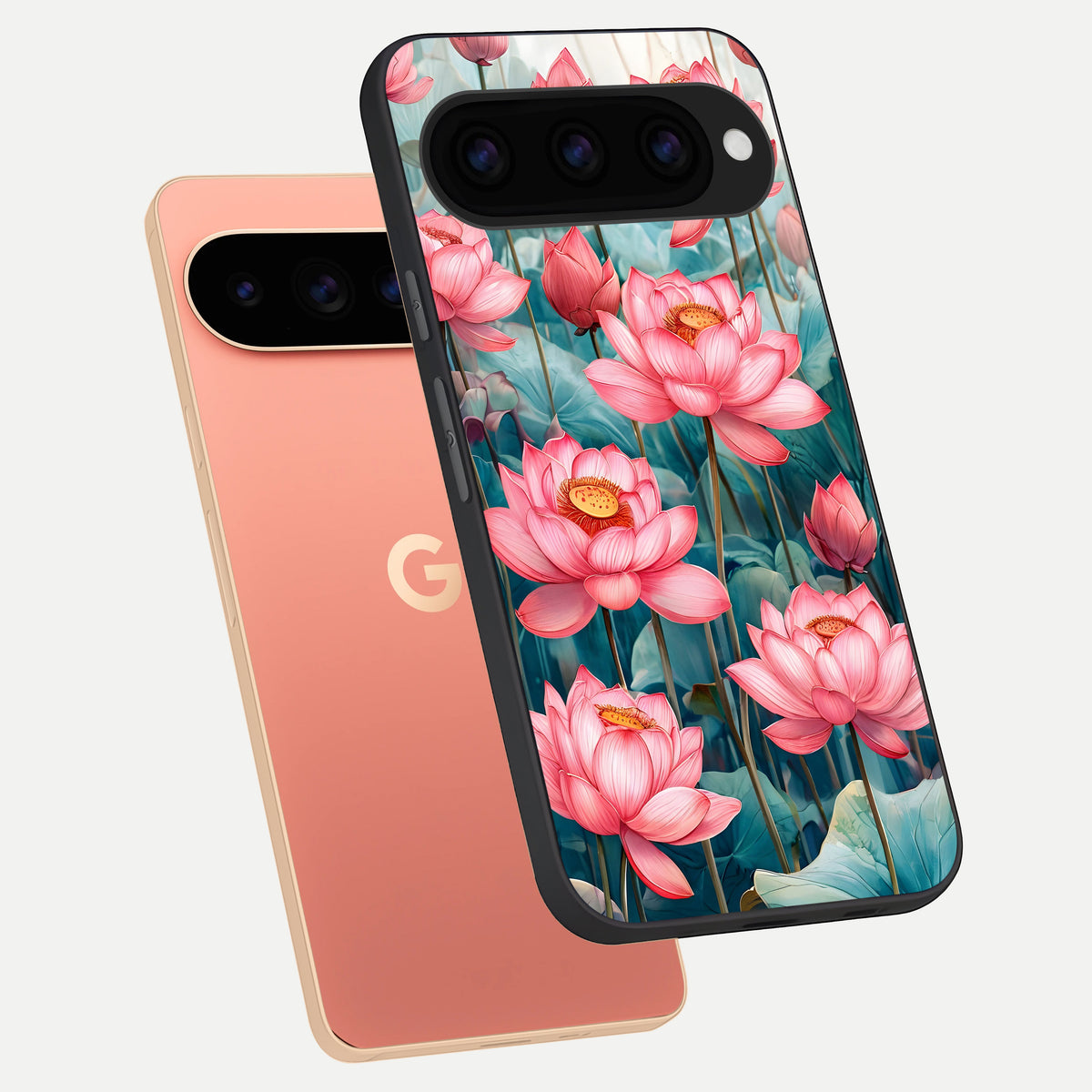  Celestial Pink Lotus phone case For Google Pixel 11 Pro XL showing premium glass back cover with detailed artwork