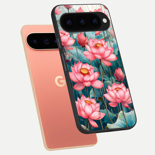  Celestial Pink Lotus phone case For Google Pixel 11 Pro XL showing premium glass back cover with detailed artwork