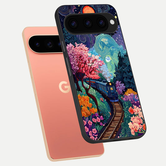  Celestial Train Journey phone case For Google Pixel 11 Pro XL showing premium glass back cover with detailed artwork