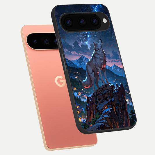  Celestial Wolf Howl phone case For Google Pixel 11 Pro XL showing premium glass back cover with detailed artwork