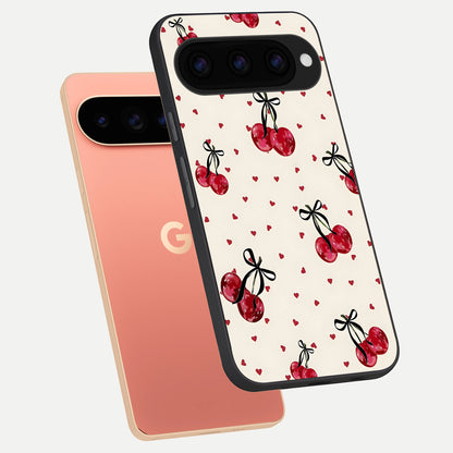 Cherry Heart Bow phone case For Google Pixel 11 Pro XL showing premium glass back cover with detailed artwork