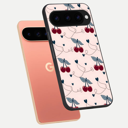  Cherry Heart Line phone case For Google Pixel 11 Pro XL showing premium glass back cover with detailed artwork