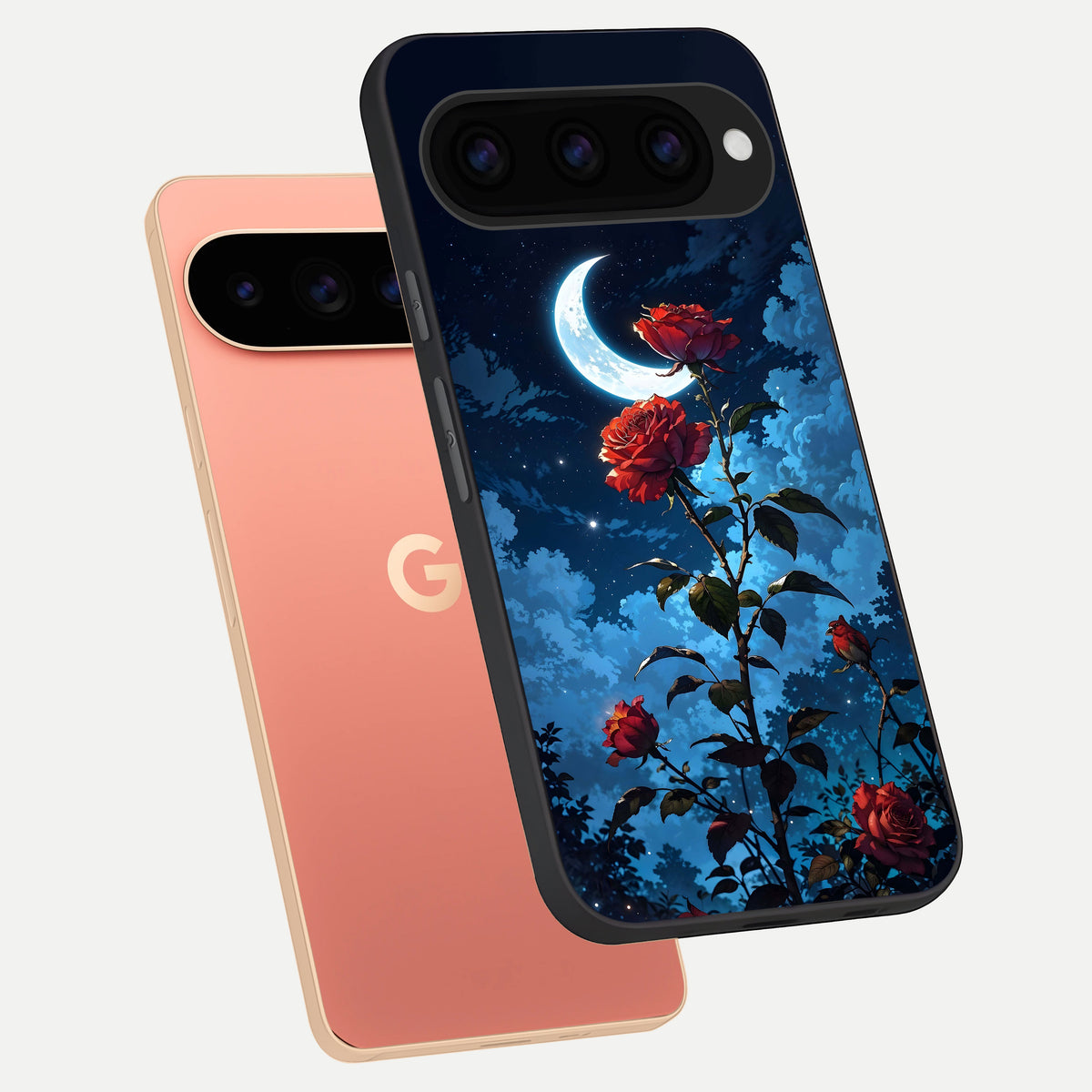  Crimson Rose Moon phone case For Google Pixel 11 Pro XL showing premium glass back cover with detailed artwork
