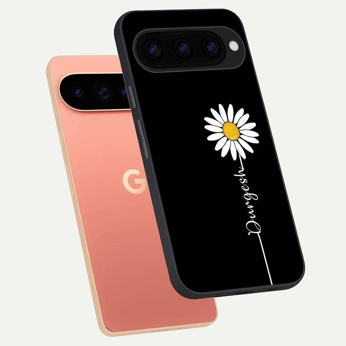  Custom Name White Flower phone case For Google Pixel 11 Pro XL showing premium glass back cover with detailed artwork