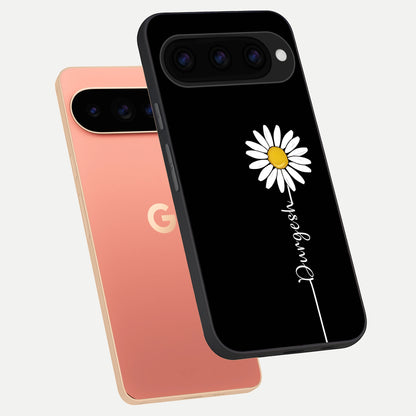  Custom Name White Flower phone case For Google Pixel 11 Pro XL showing premium glass back cover with detailed artwork