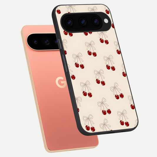  Cute Cherry Pattern phone case For Google Pixel 11 Pro XL showing premium glass back cover with detailed artwork