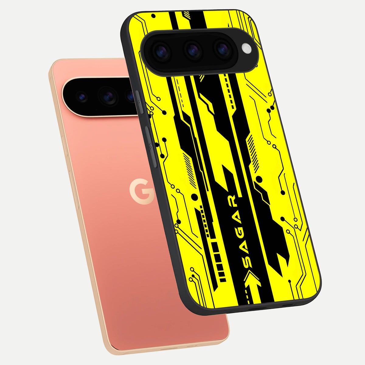  Electric Pulse CYBERPUNK Custom Name phone case For Google Pixel 11 Pro XL showing premium glass back cover with detailed artwork
