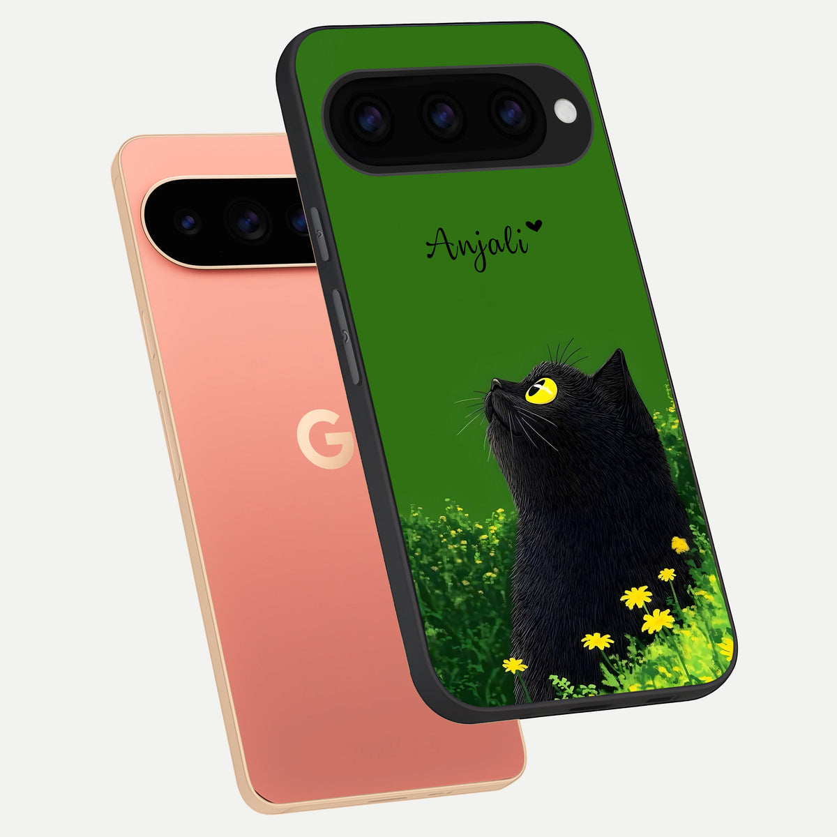 Emerald Cat Custom Name phone case For Google Pixel 11 Pro XL showing premium glass back cover with detailed artwork
