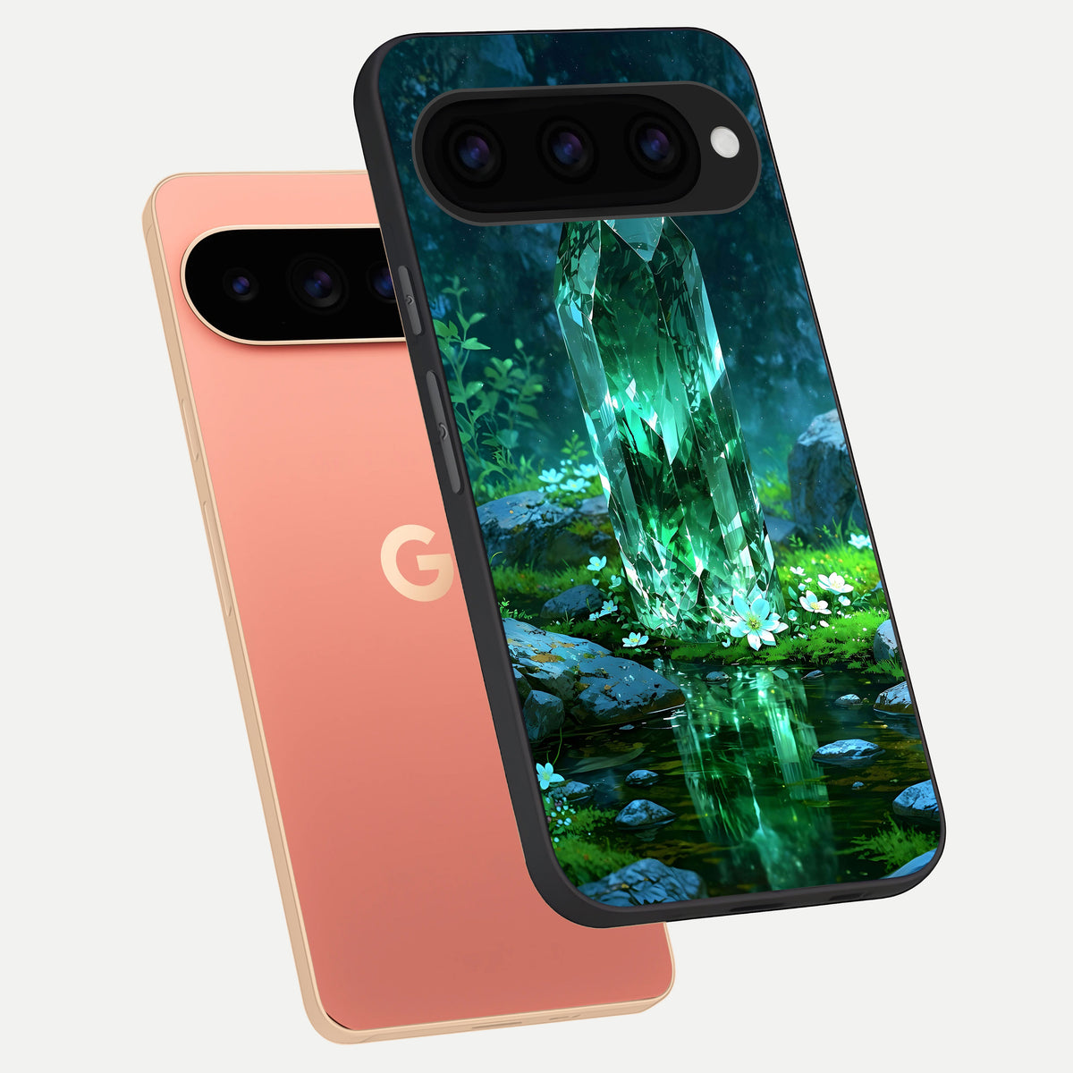  Emerald Light Crystal phone case For Google Pixel 11 Pro XL showing premium glass back cover with detailed artwork