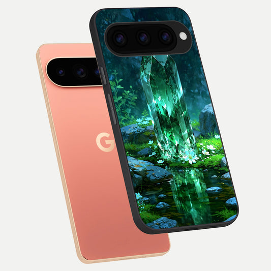  Emerald Light Crystal phone case For Google Pixel 11 Pro XL showing premium glass back cover with detailed artwork