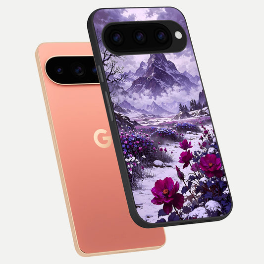 Flower Mountain View phone case For Google Pixel 11 Pro XL showing premium glass back cover with detailed artwork