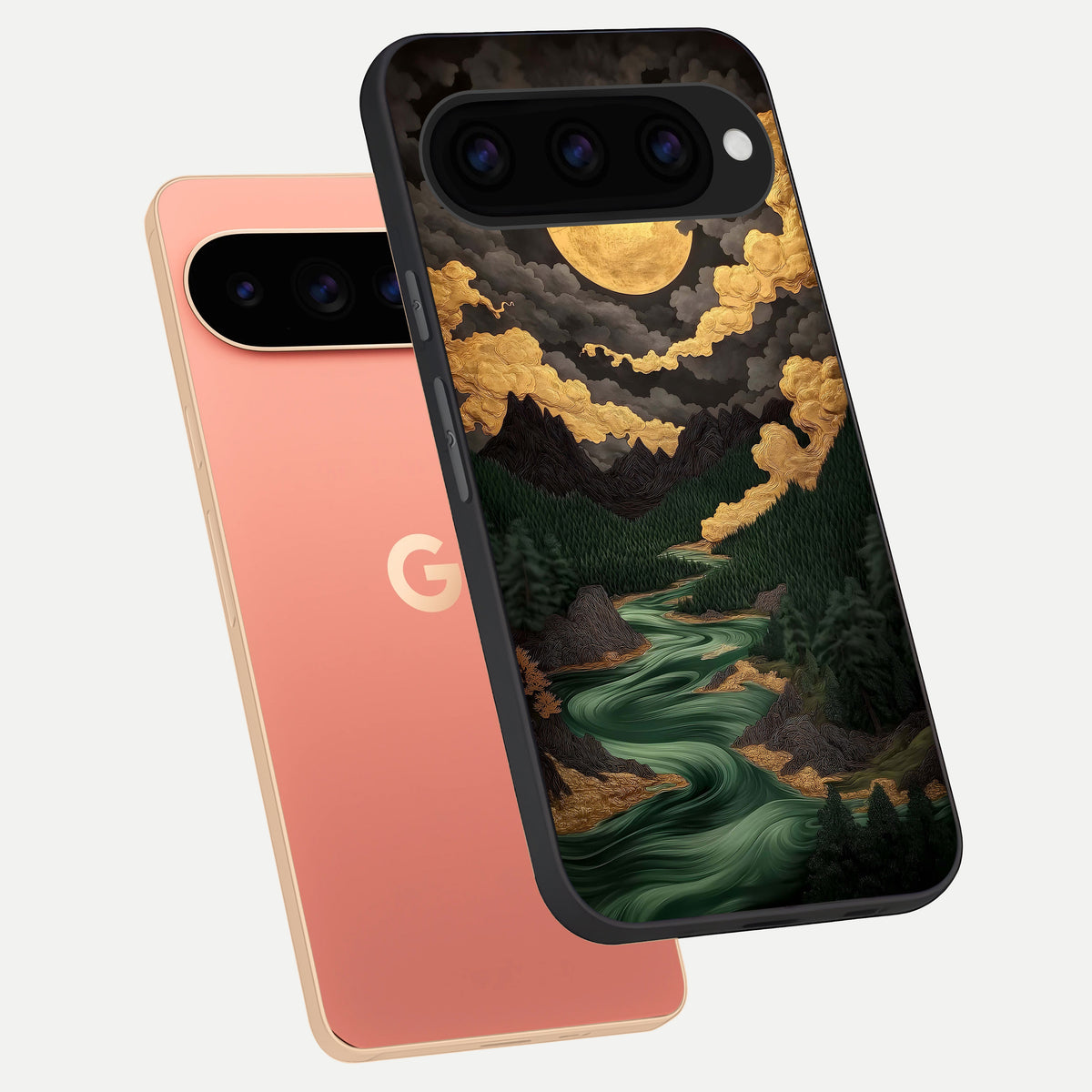  Golden River Moon phone case For Google Pixel 11 Pro XL showing premium glass back cover with detailed artwork