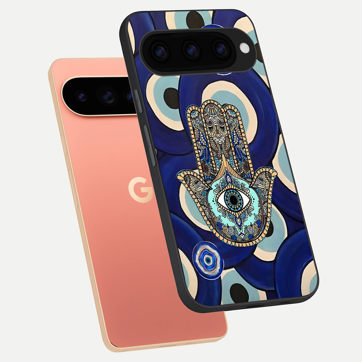  Hamsa Divine Guard phone case For Google Pixel 11 Pro XL showing premium glass back cover with detailed artwork
