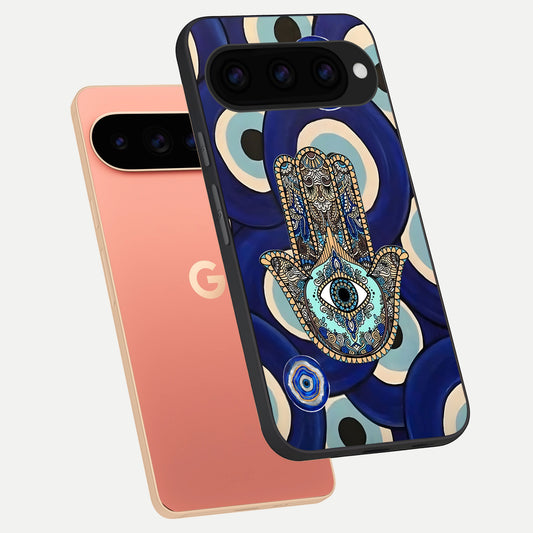  Hamsa Divine Guard phone case For Google Pixel 11 Pro XL showing premium glass back cover with detailed artwork