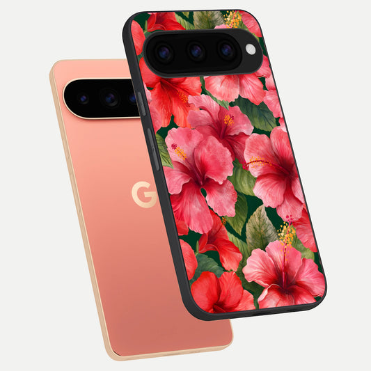  Hibiscus Pattern phone case For Google Pixel 11 Pro XL showing premium glass back cover with detailed artwork