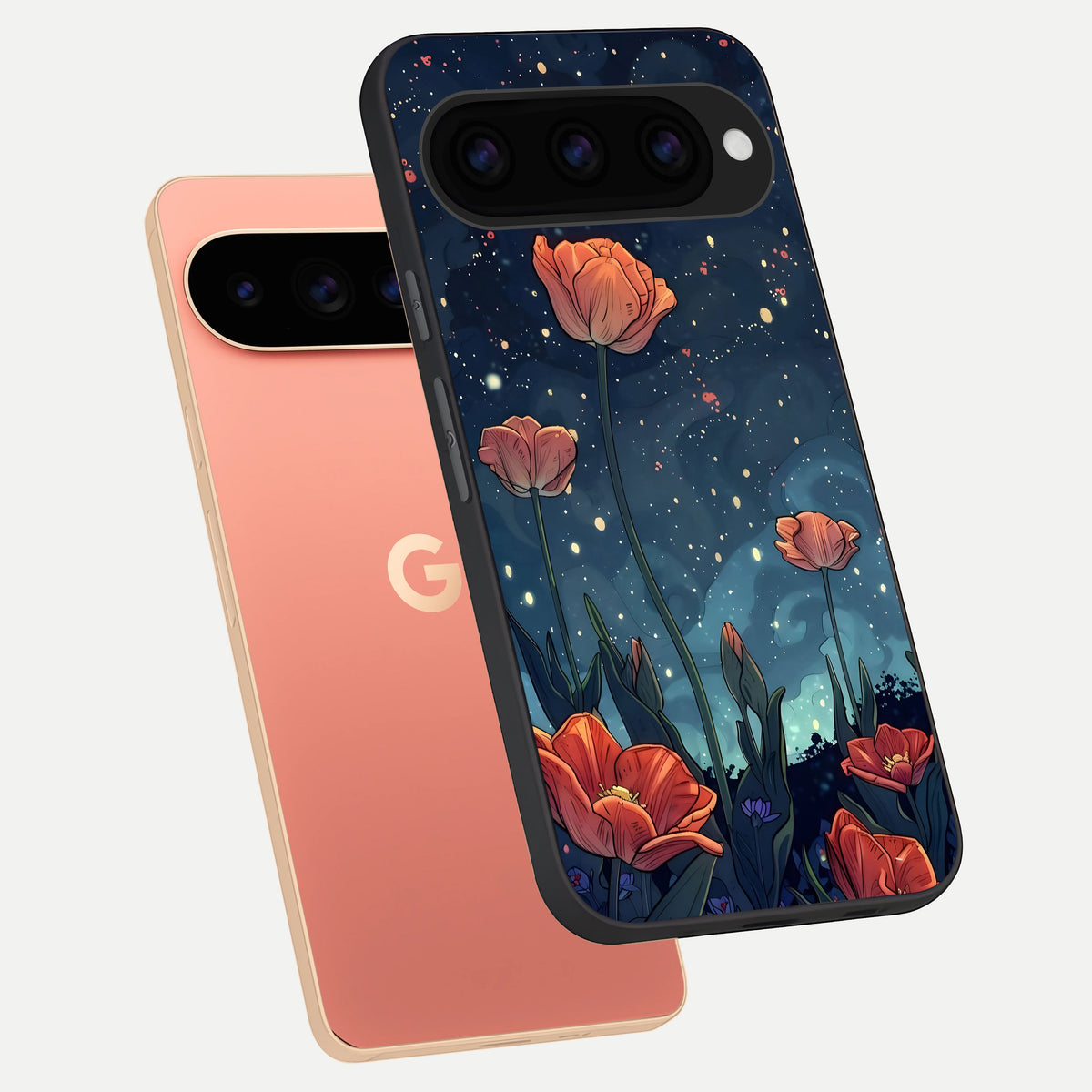  Midnight Tulip Glow phone case For Google Pixel 11 Pro XL showing premium glass back cover with detailed artwork