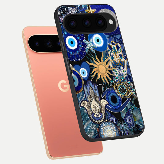  Mystic Blue Evil Eye phone case For Google Pixel 11 Pro XL showing premium glass back cover with detailed artwork