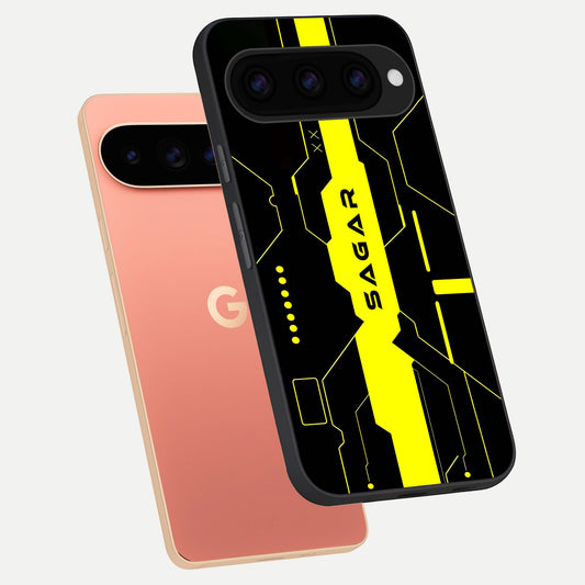  Neon CYBERPUNK Custom Name phone case For Google Pixel 11 Pro XL showing premium glass back cover with detailed artwork