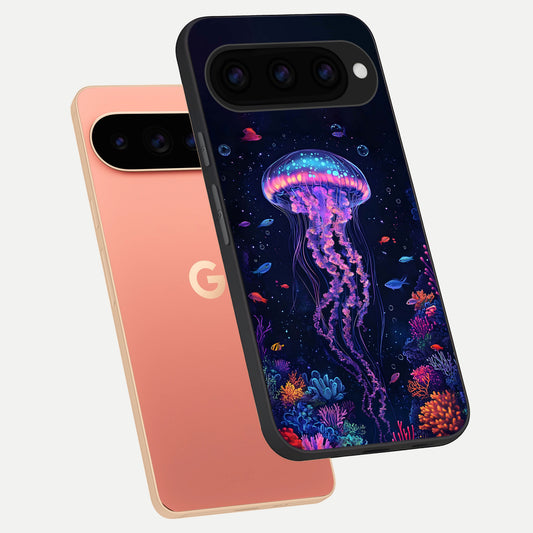  Neon Jellyfish phone case For Google Pixel 11 Pro XL showing premium glass back cover with detailed artwork