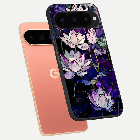  Purple Lotus Pattern phone case For Google Pixel 11 Pro XL showing premium glass back cover with detailed artwork