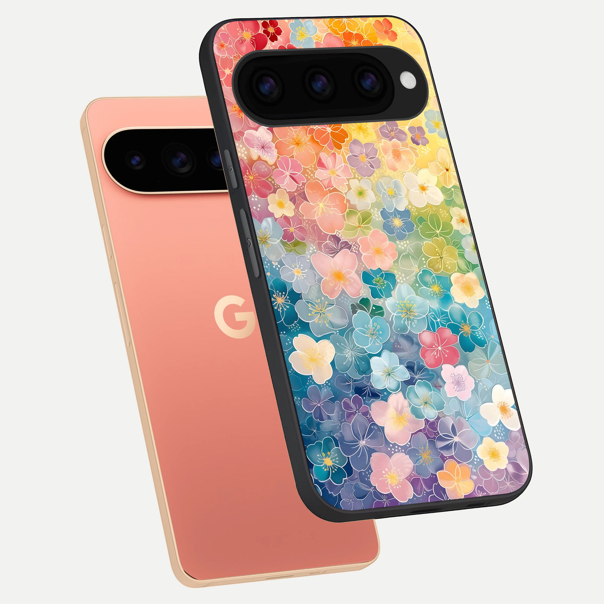  Rainbow Blossom Burst phone case For Google Pixel 11 Pro XL showing premium glass back cover with detailed artwork