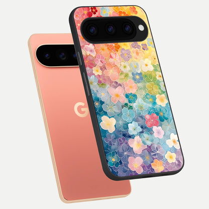  Rainbow Blossom Burst phone case For Google Pixel 11 Pro XL showing premium glass back cover with detailed artwork