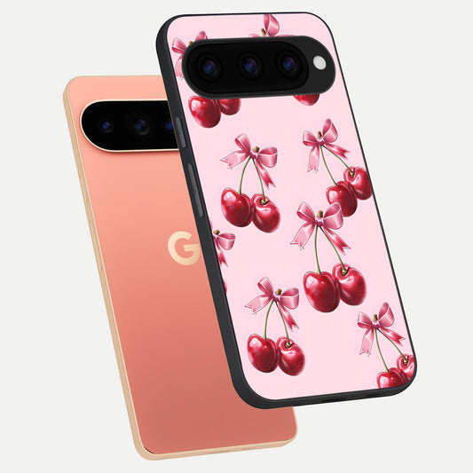  Red Cherries Pattern phone case For Google Pixel 11 Pro XL showing premium glass back cover with detailed artwork
