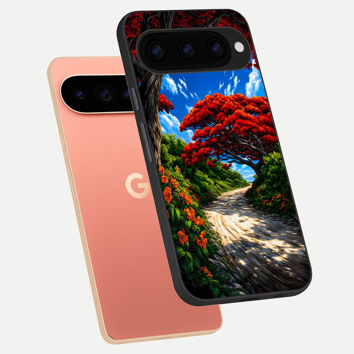 Red Trees Pathway phone case For Google Pixel 11 Pro XL showing premium glass back cover with detailed artwork