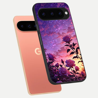  Starlit Rose Twilight phone case For Google Pixel 11 Pro XL showing premium glass back cover with detailed artwork