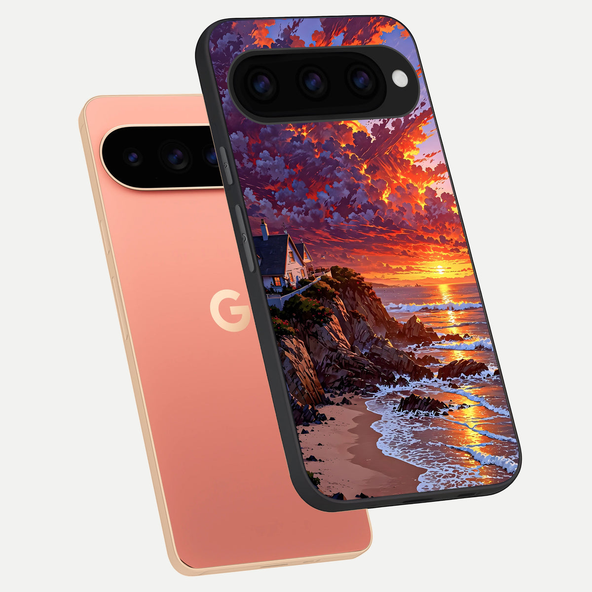  Sunset House By Sea phone case For Google Pixel 11 Pro XL showing premium glass back cover with detailed artwork