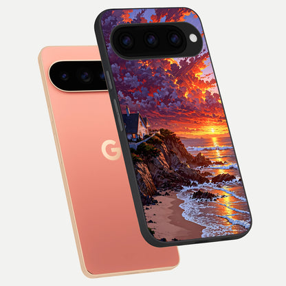  Sunset House By Sea phone case For Google Pixel 11 Pro XL showing premium glass back cover with detailed artwork