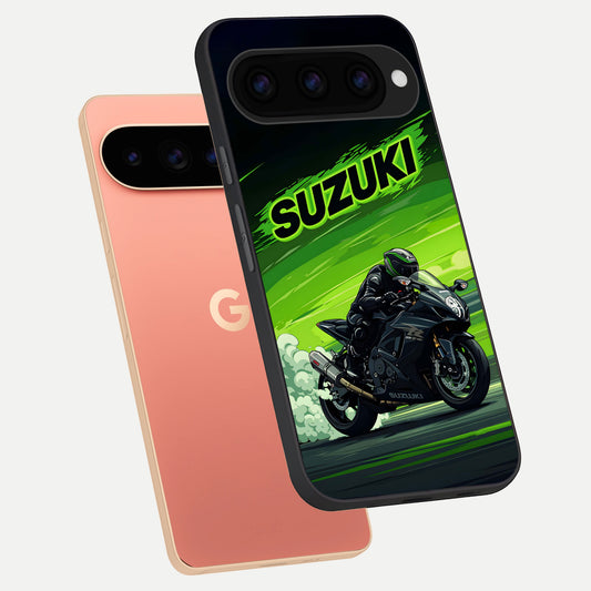  Suzuki Speed Beast phone case For Google Pixel 11 Pro XL showing premium glass back cover with detailed artwork