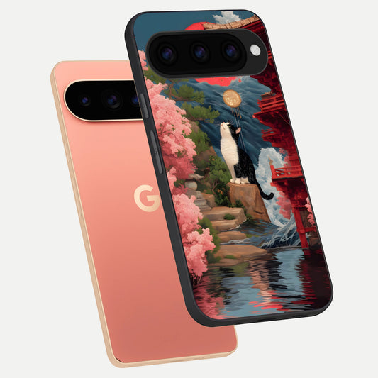  Temple Cat Scenery phone case For Google Pixel 11 Pro XL showing premium glass back cover with detailed artwork
