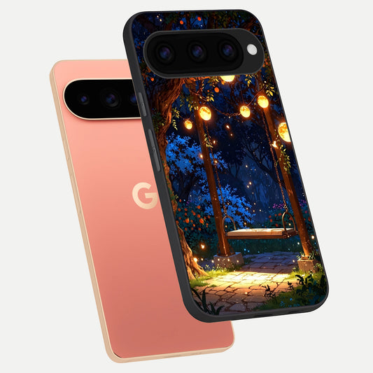  Twilight Garden Swing phone case For Google Pixel 11 Pro XL showing premium glass back cover with detailed artwork
