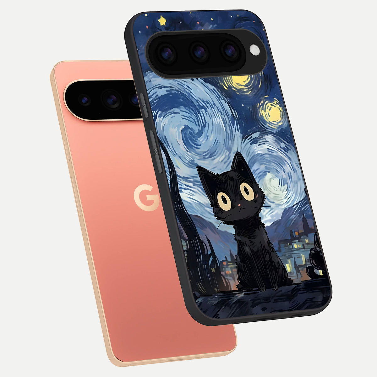  Van Gogh Cat phone case For Google Pixel 11 Pro XL showing premium glass back cover with detailed artwork