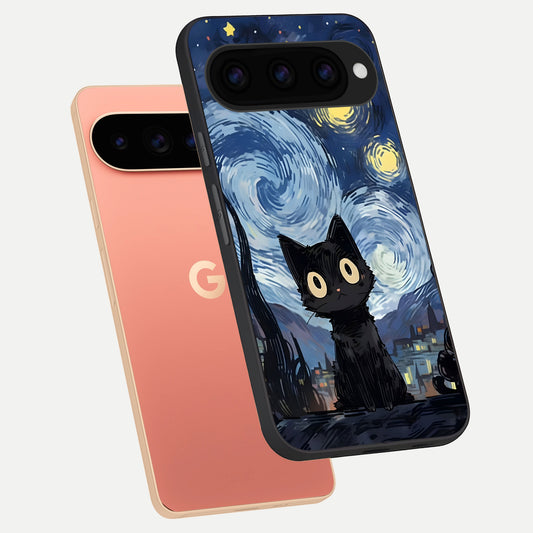  Van Gogh Cat phone case For Google Pixel 11 Pro XL showing premium glass back cover with detailed artwork