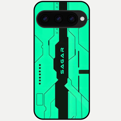  Aqua Tech CYBERPUNK Custom Name Glass Case For Google Pixel 11 Pro XL back cover – full design glossy printed glass finish