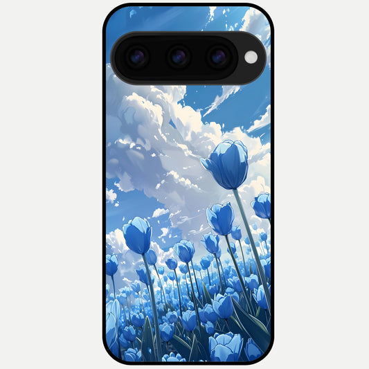  Blue Tulip Clouds Glass Case For Google Pixel 11 Pro XL back cover – full design glossy printed glass finish