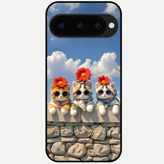  Floral Kitty Squad Glass Case For Google Pixel 11 Pro XL back cover – full design glossy printed glass finish