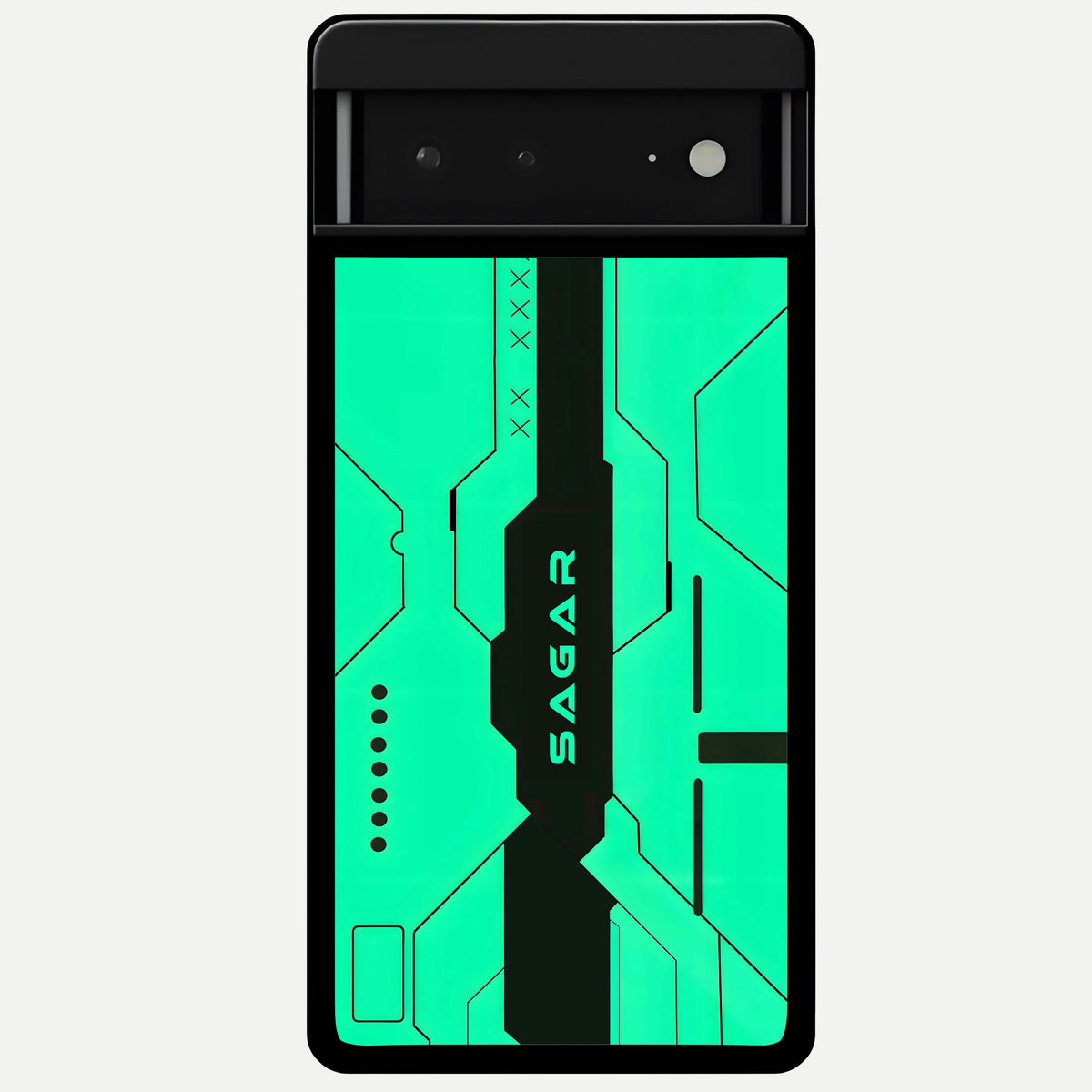  Aqua Tech CYBERPUNK Custom Name Glass Case For Google Pixel 6A back cover – full design glossy printed glass finish