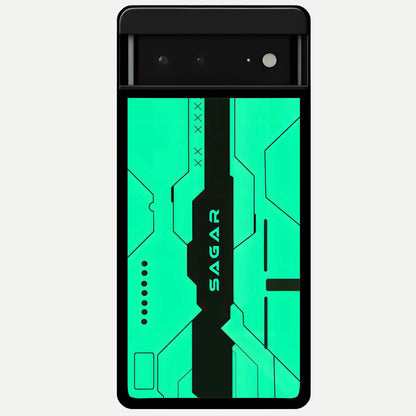  Aqua Tech CYBERPUNK Custom Name Glass Case For Google Pixel 6A back cover – full design glossy printed glass finish
