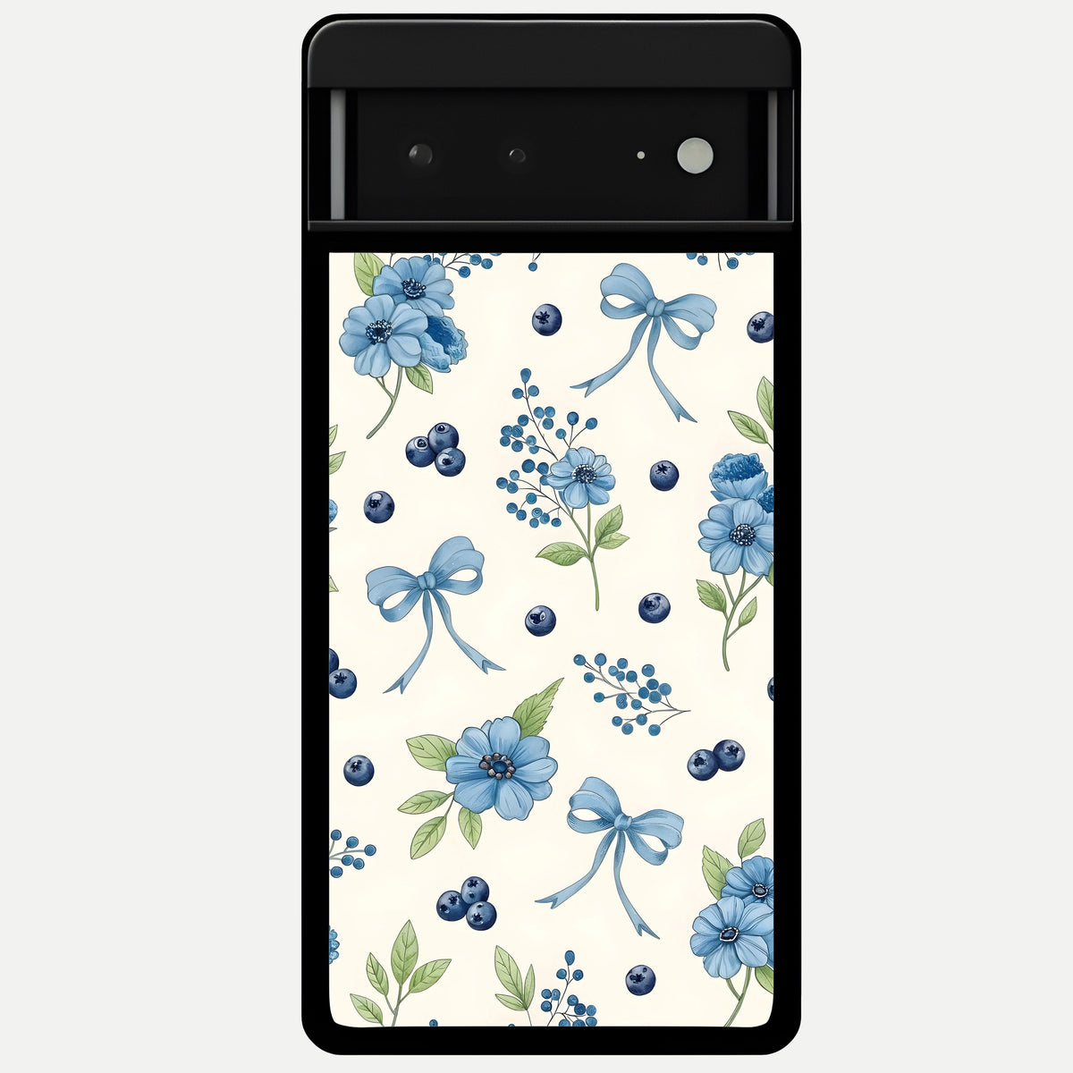  Blue Flower And Bow Glass Case For Google Pixel 6A back cover – full design glossy printed glass finish