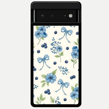  Blue Flower And Bow Glass Case For Google Pixel 6A back cover – full design glossy printed glass finish