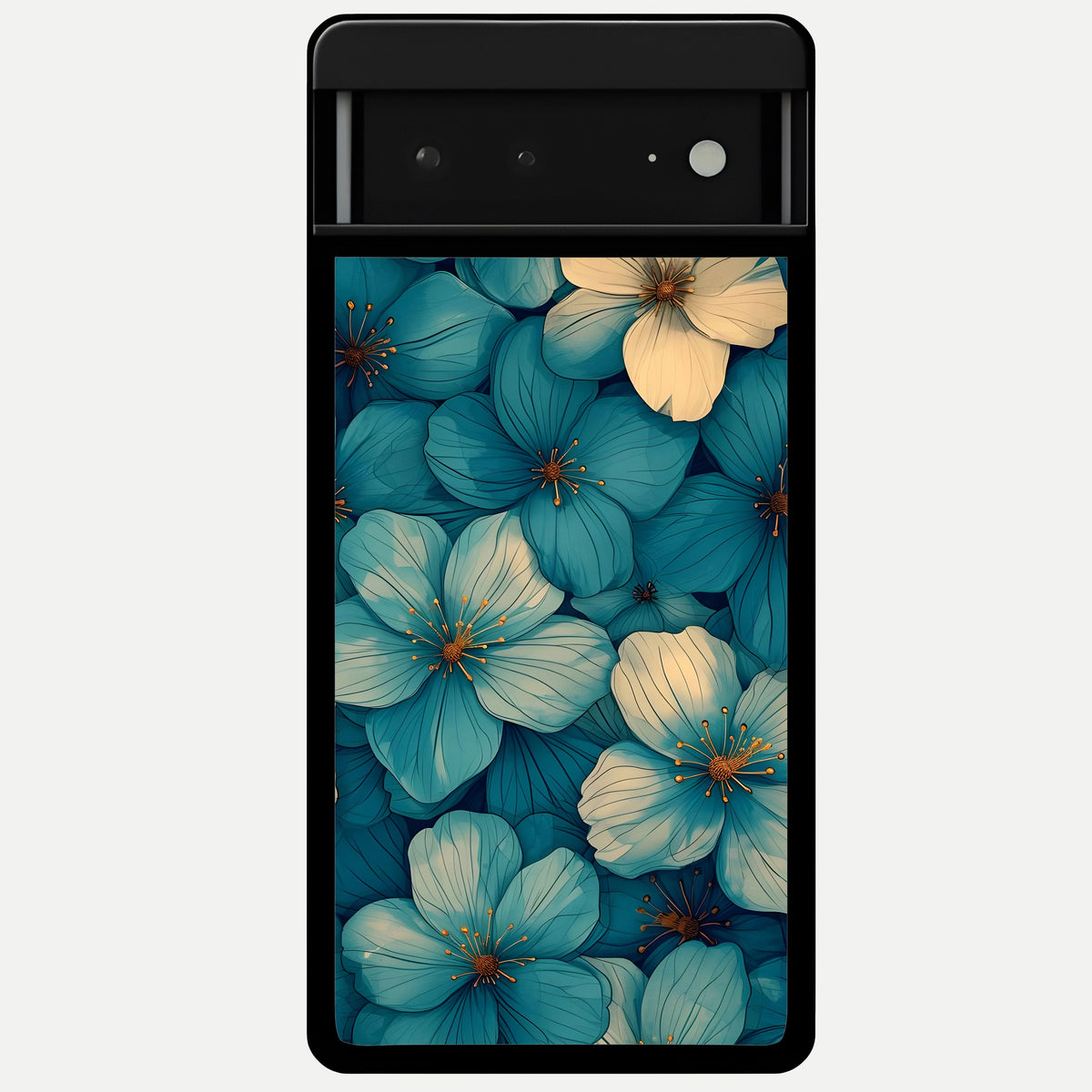  Blue Shade Floral Glass Case For Google Pixel 6A back cover – full design glossy printed glass finish