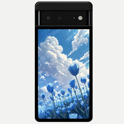  Blue Tulip Clouds Glass Case For Google Pixel 6A back cover – full design glossy printed glass finish
