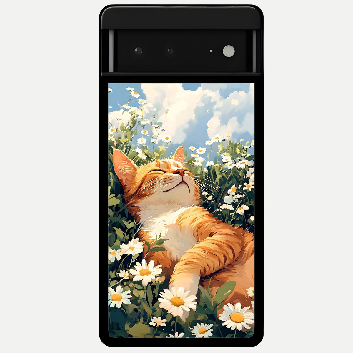  Cat And Flowers View Glass Case For Google Pixel 6A back cover – full design glossy printed glass finish