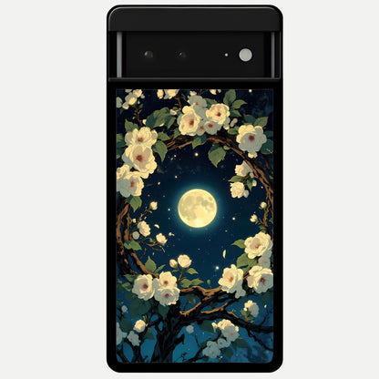  Celestial Moon And Flower Glass Case For Google Pixel 6A back cover – full design glossy printed glass finish
